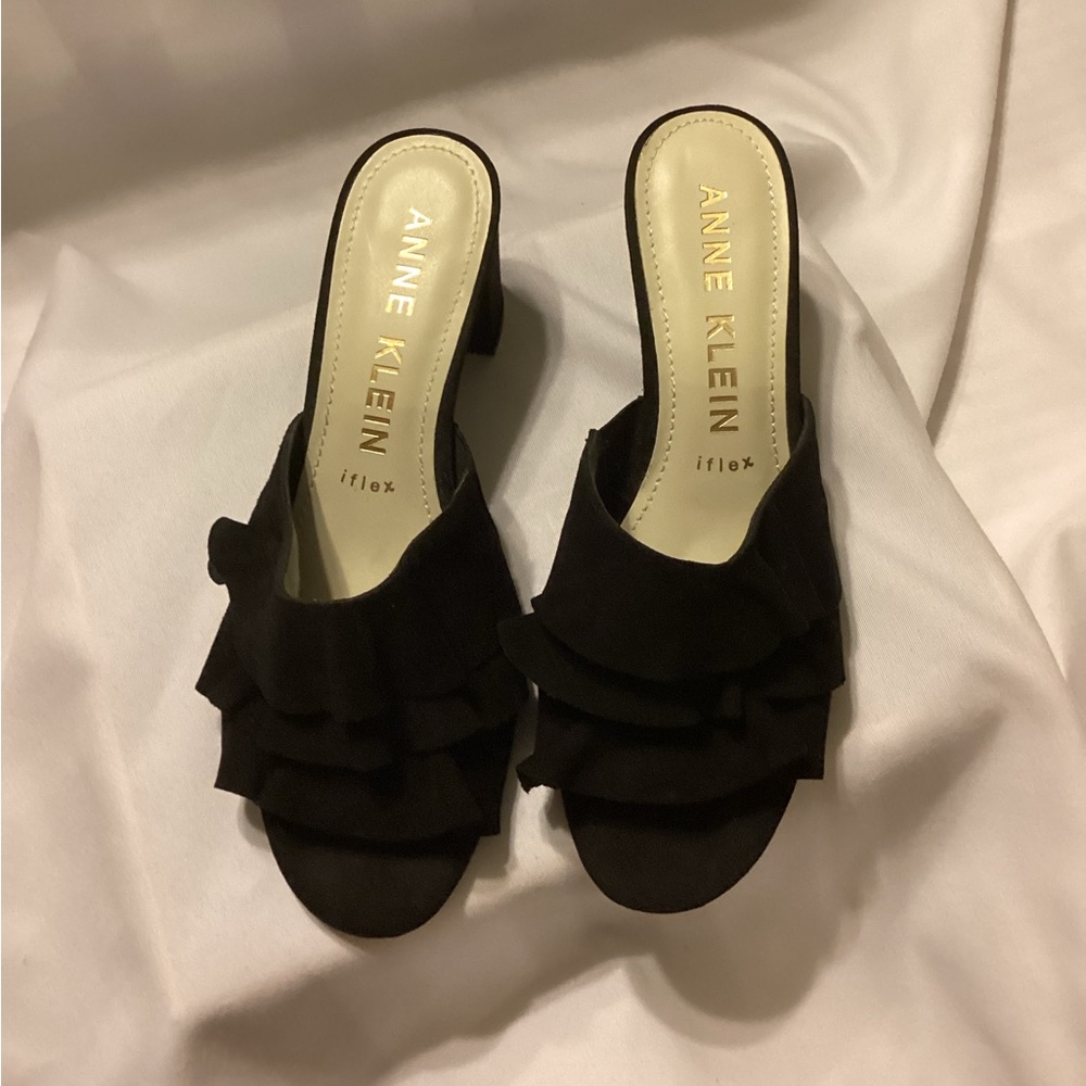 Anne Klein heeled, open-toed, slip on suede shoe
